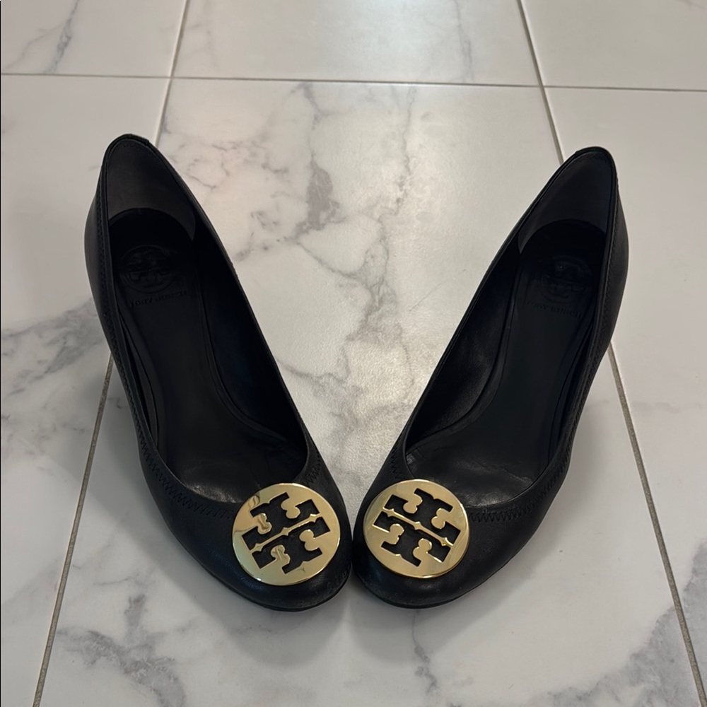 Tory Burch Wedge Heels with Gold Emblem